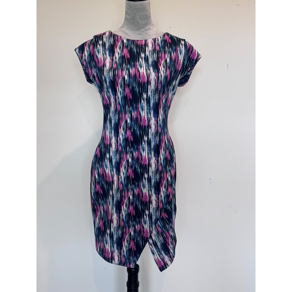 Attention Womens Blue Pink Abstract Brushstroke Sheath Dress Tulip Hem Size M